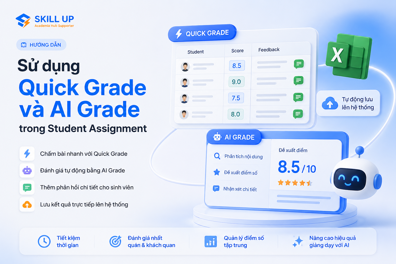 Khám phá Quick Grade và AI Grade trong Student Assignment giúp giảng viên chấm điểm nhanh hơn, quản lý kết quả tập trung và tạo phản hồi tự động.